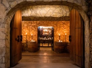 Entrance to the stone barrel cave at Sunstone Winery