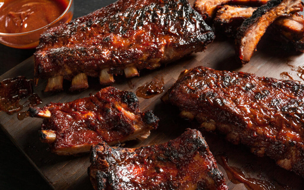 Barbecued pork ribs glazed with Syrah barbecue sauce