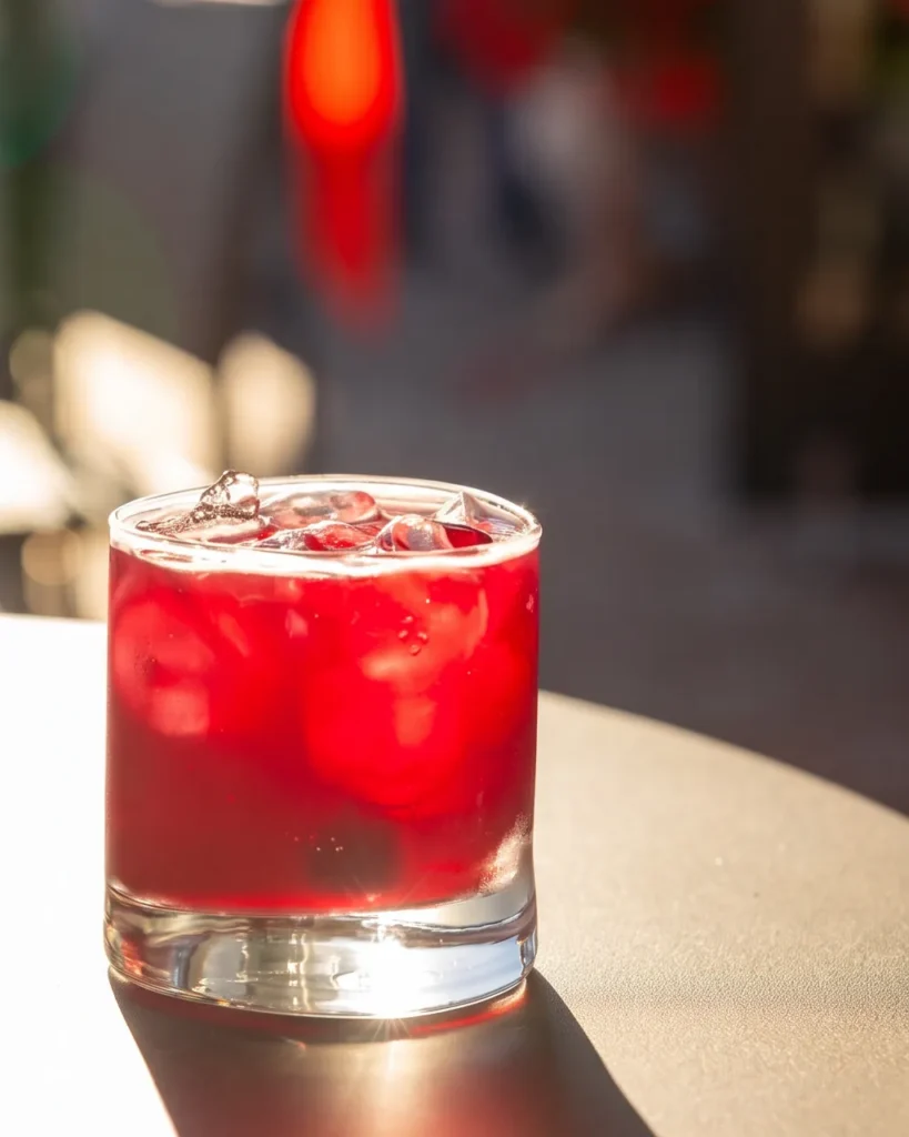 A glass of Sunstone Elixir over ice on a sunlit café table, a long shadow falling across the surface